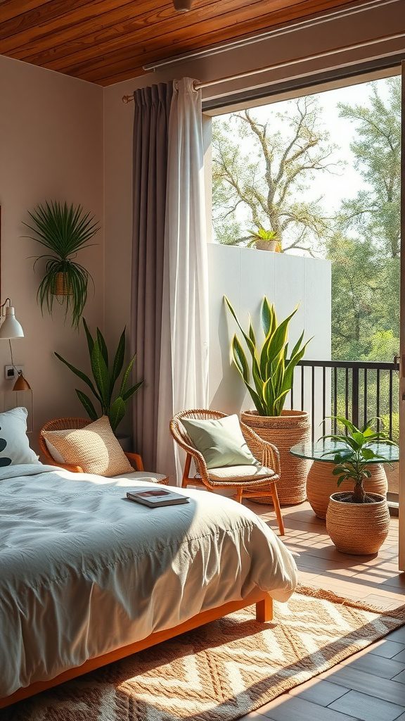 A stylish bedroom with a balcony view featuring potted plants and rustic chairs.