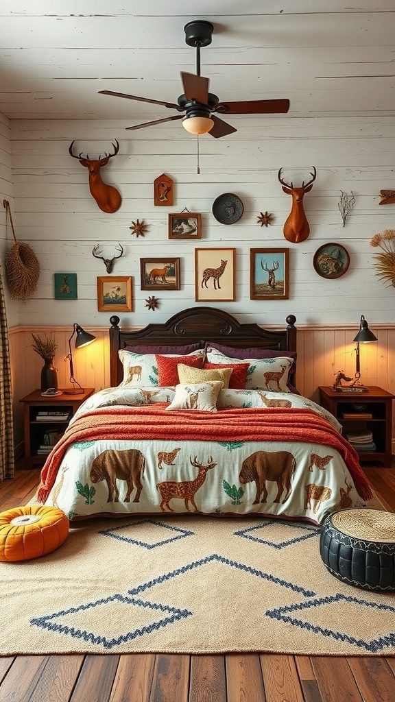 A cozy rustic bedroom with animal-themed decor and warm colors.