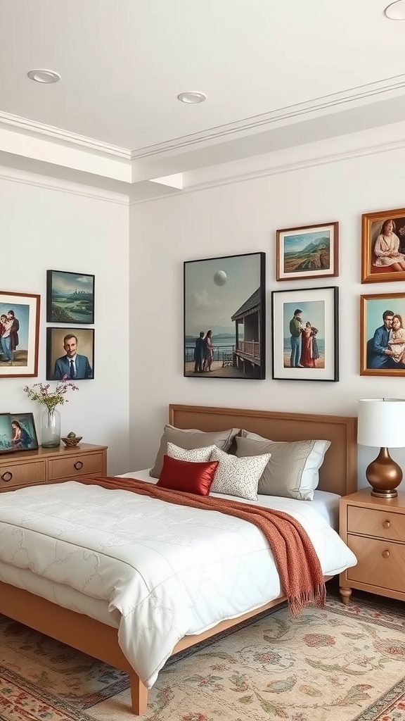 Cozy master bedroom with personalized artwork displays on the wall.