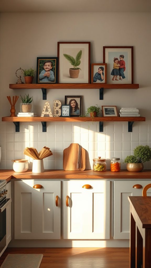 A cozy kitchen featuring wooden shelves with photos and plants, showcasing personalized decor.