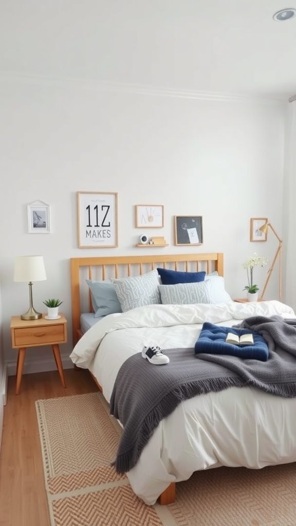 A Scandinavian-style bedroom with a clean aesthetic, featuring a wooden bed, decorative pillows, and minimal wall art.