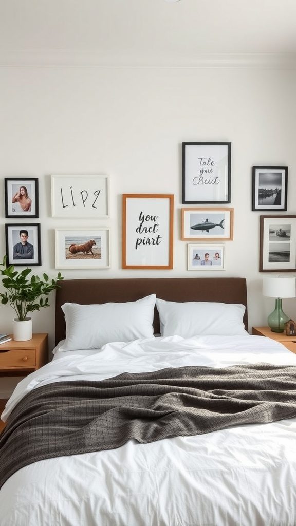 A modern bedroom featuring a gallery wall with a mix of framed photos and artwork above the bed.