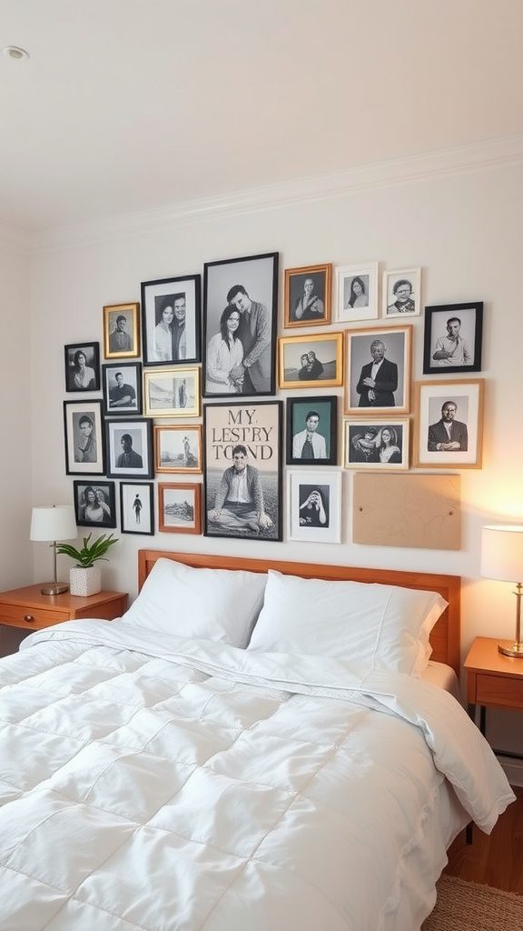 A luxurious bedroom with a personalized gallery wall featuring various framed photographs.