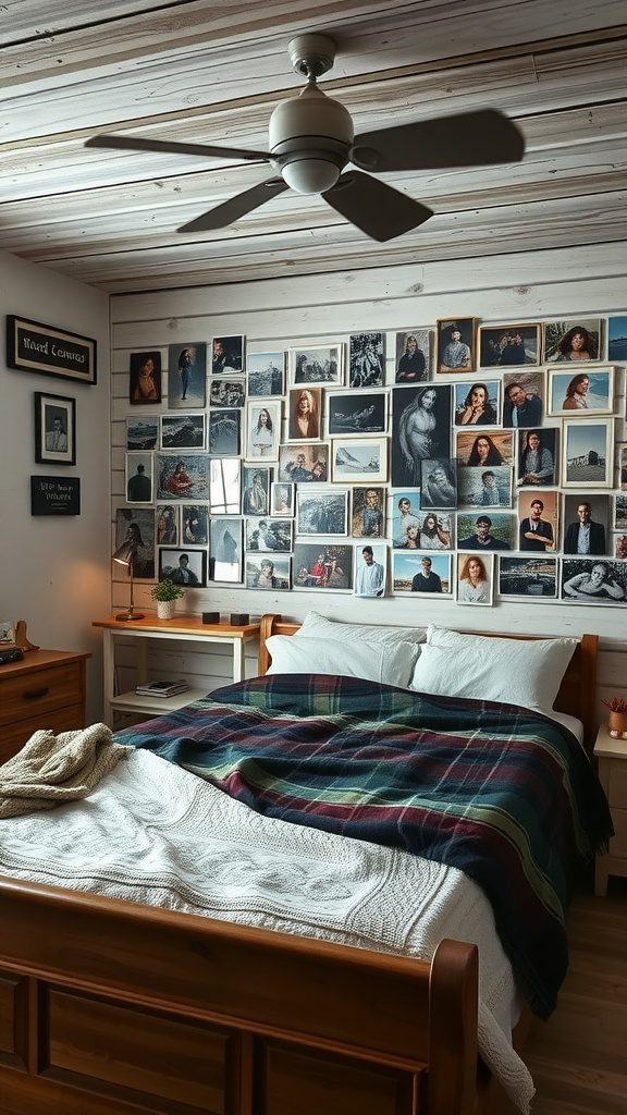A rustic bedroom featuring a wall of personalized photo displays, complemented by a cozy bed.