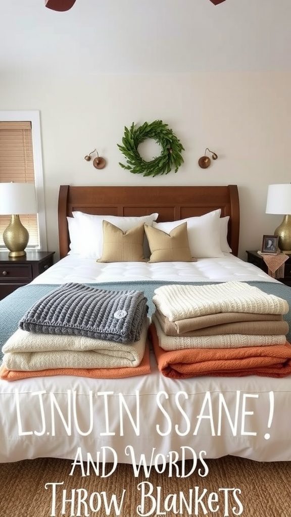 A neatly arranged stack of throw blankets in various colors on a bed, creating a cozy atmosphere.