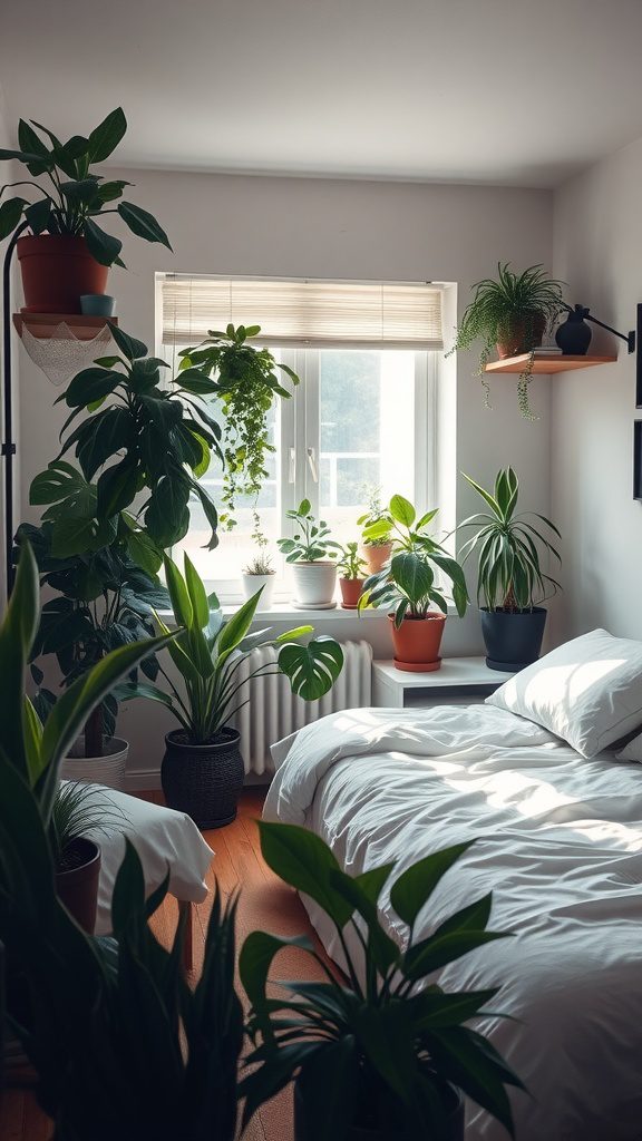 Small bedroom filled with various indoor plants, bright window, and a cozy bed.