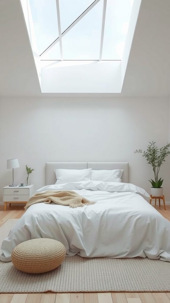 Minimalist bedroom with a cozy atmosphere, white bedding, and natural light.