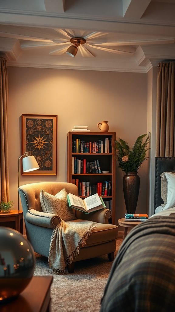 A cozy reading nook in a master bedroom featuring a comfortable chair, soft lighting, and a bookshelf.