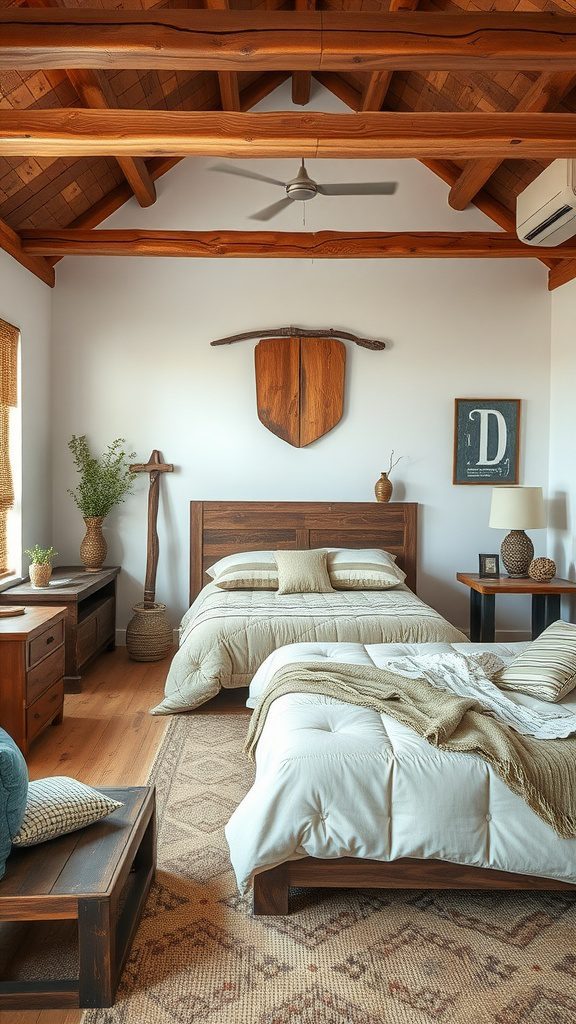 A rustic bedroom featuring reclaimed wood elements in the furniture and decor.