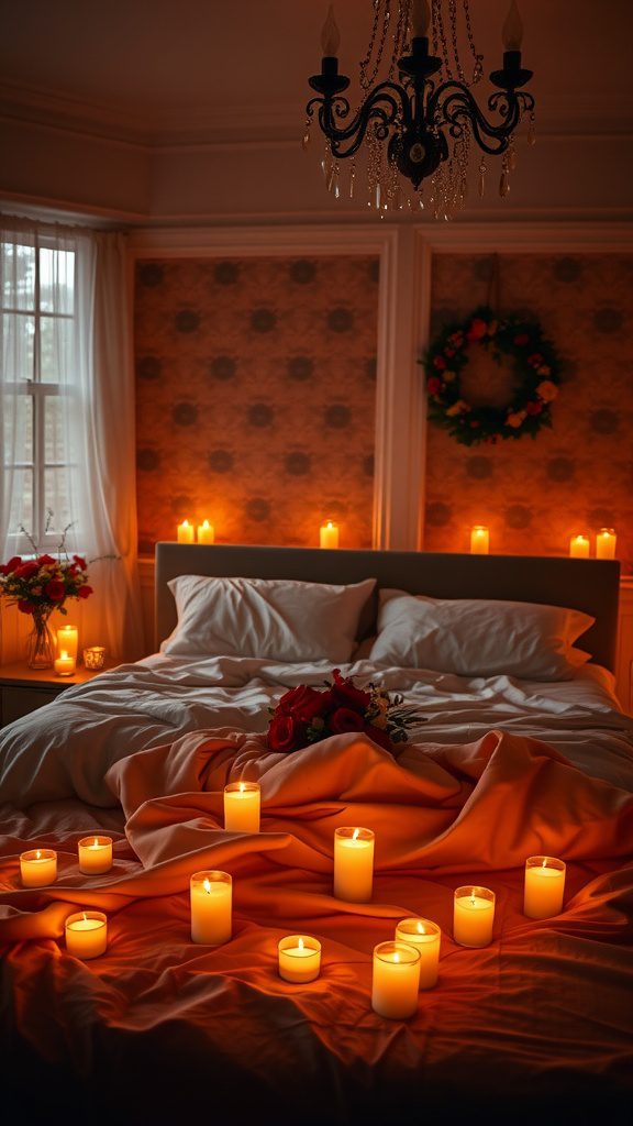 A cozy bedroom with candles and romantic lighting.