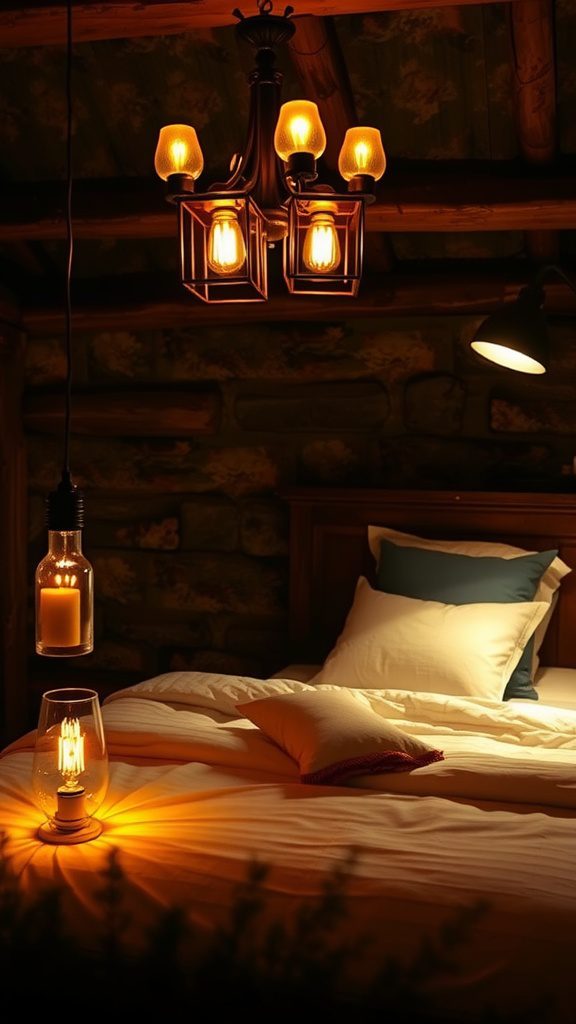 Cozy rustic bedroom with warm lighting fixtures.