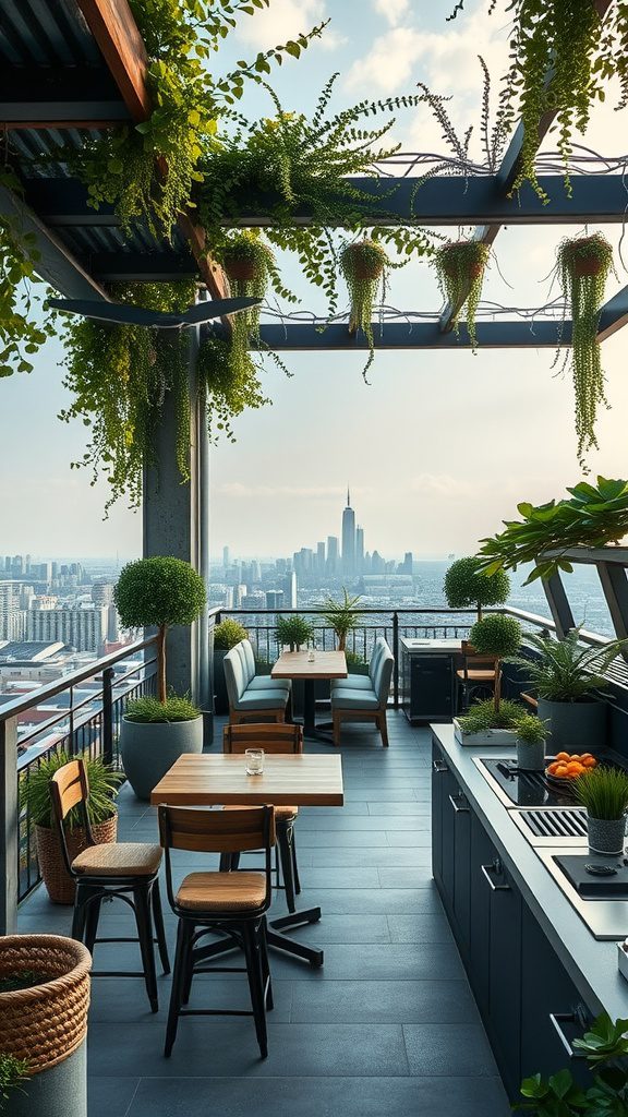 Rooftop garden kitchen with plants and skyline view