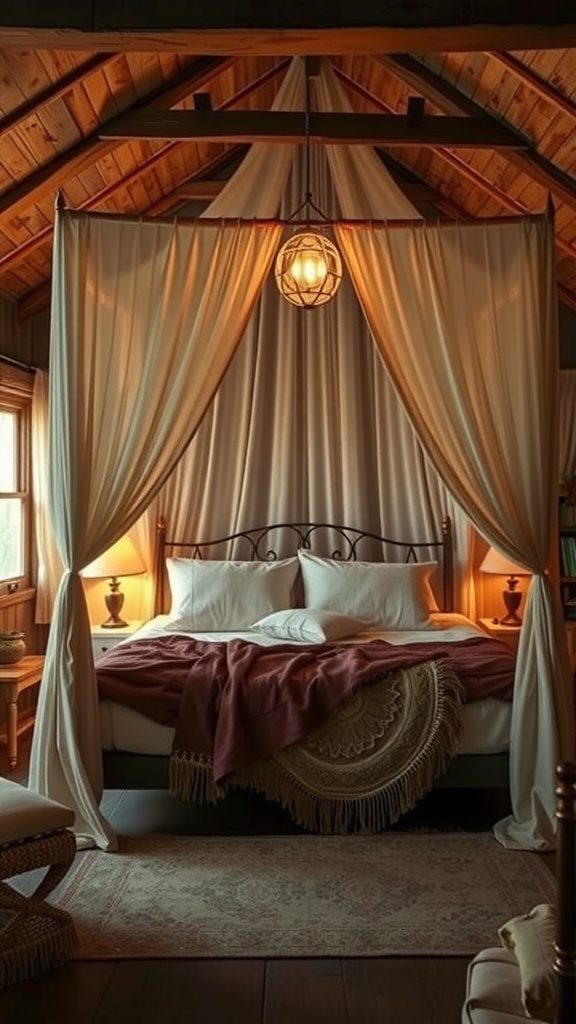 A cozy rustic bedroom featuring a canopy bed with soft drapes and warm lighting.