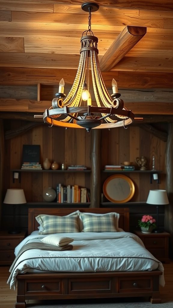 A rustic chandelier hanging in a cozy bedroom with wooden walls and vintage decor.