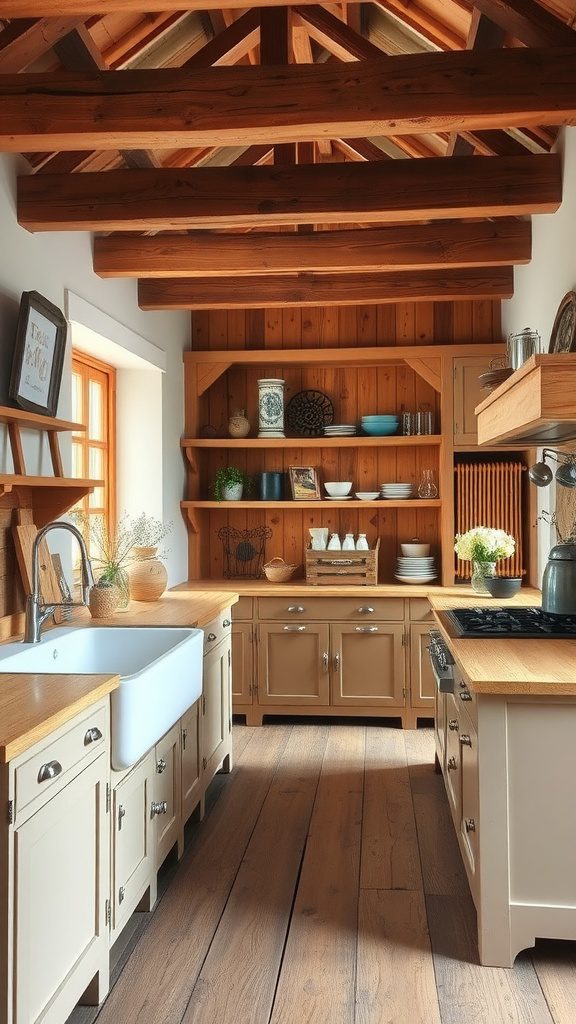 A rustic farmhouse kitchen showcasing wooden beams, cozy cabinetry, and a farmhouse sink.