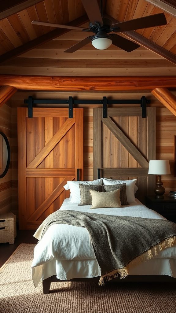 A rustic bedroom featuring sliding barn doors, wooden accents, and cozy decor.