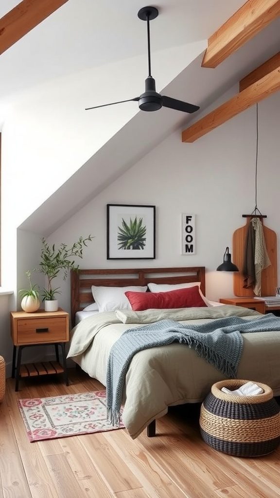 A cozy Scandinavian bedroom featuring wooden beams, a knitted throw, and rustic decor.