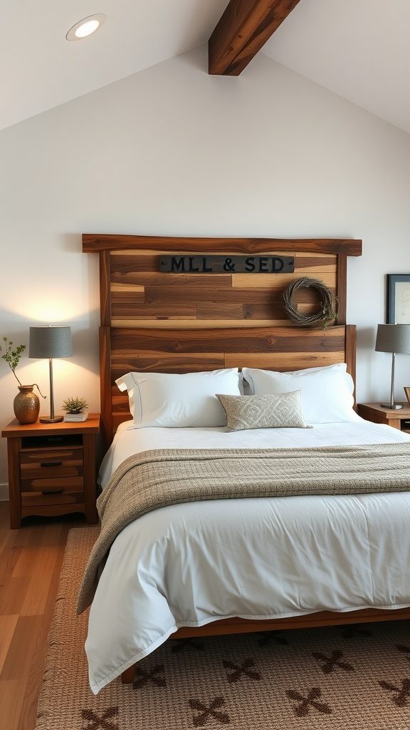 Cozy master bedroom featuring rustic wood accents with a wooden headboard and natural decor.