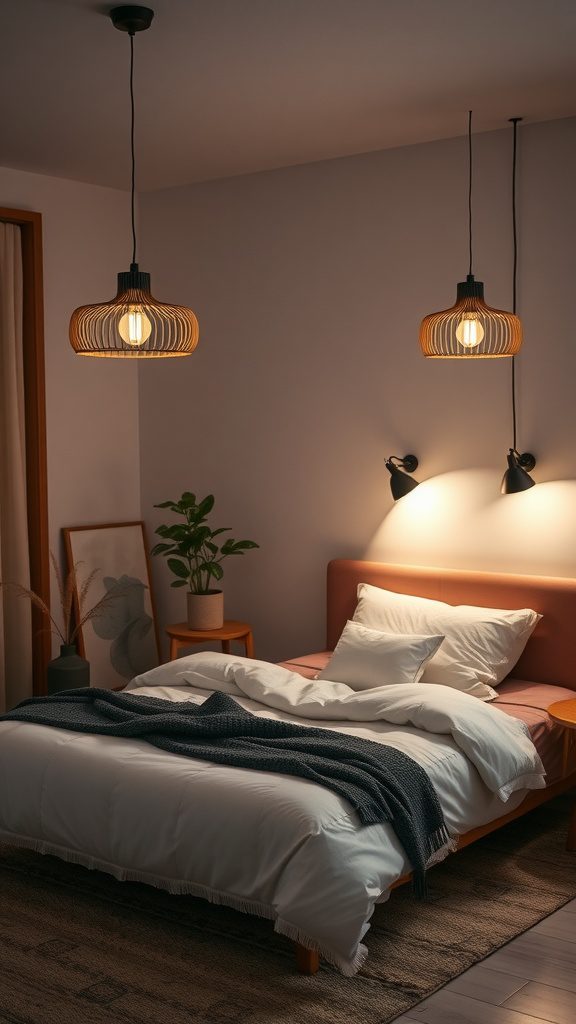 Cozy Scandinavian bedroom with stylish pendant lighting and soft decor.