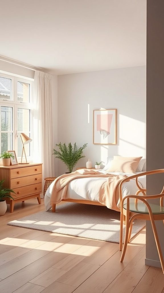 A minimalist Scandinavian bedroom with a bed, wooden furniture, and plants.