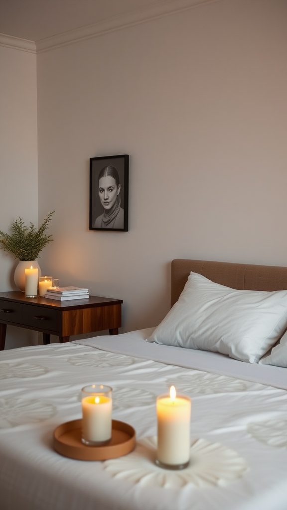 Cozy master bedroom with scented candles and a serene ambiance.