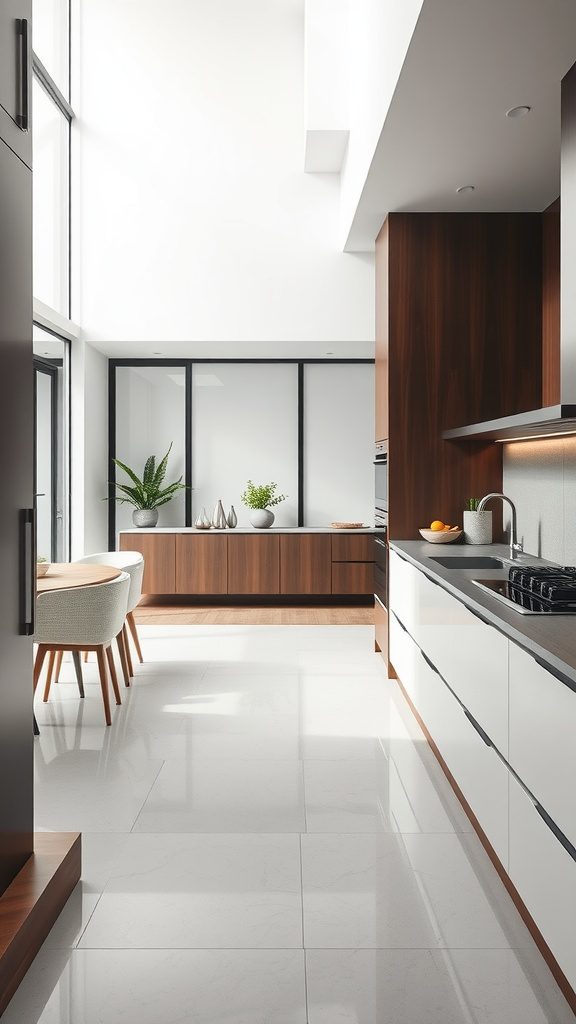 A modern kitchen with seamless flooring and minimalist design.