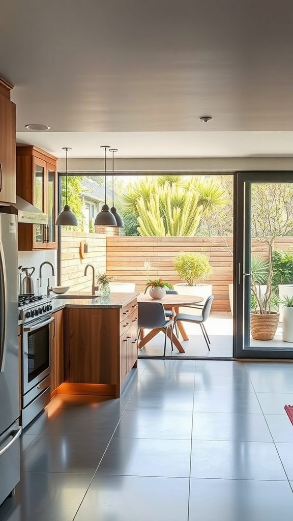 A modern kitchen with large windows opening to a patio, featuring natural light and a cozy dining area outside.