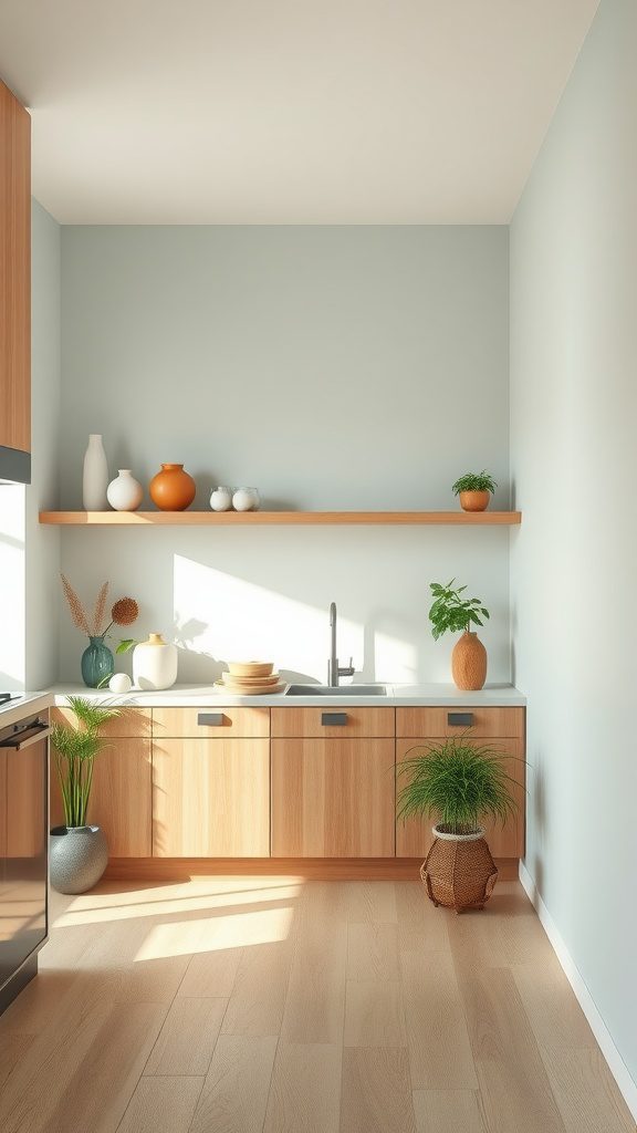 A serene zen-inspired kitchen with light wood cabinets, soft blue walls, and decorative plants.