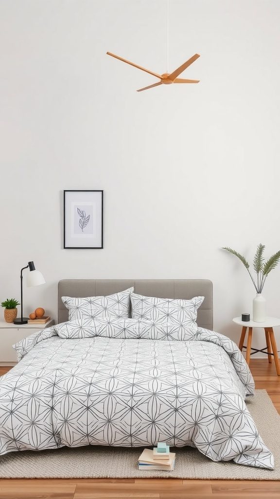 Minimalist bedroom with geometric patterned bedding and simple decor.