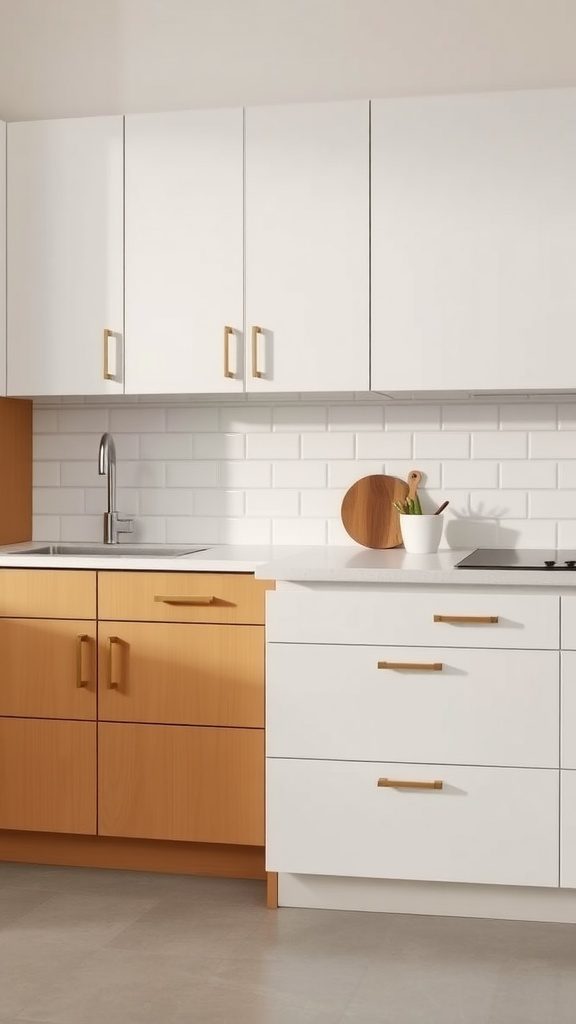 Minimalist kitchen featuring simple hardware choices with wood and white cabinets
