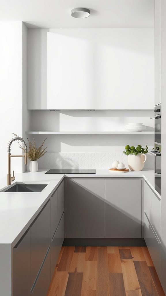 A minimalist kitchen featuring sleek grey cabinets and white countertops.