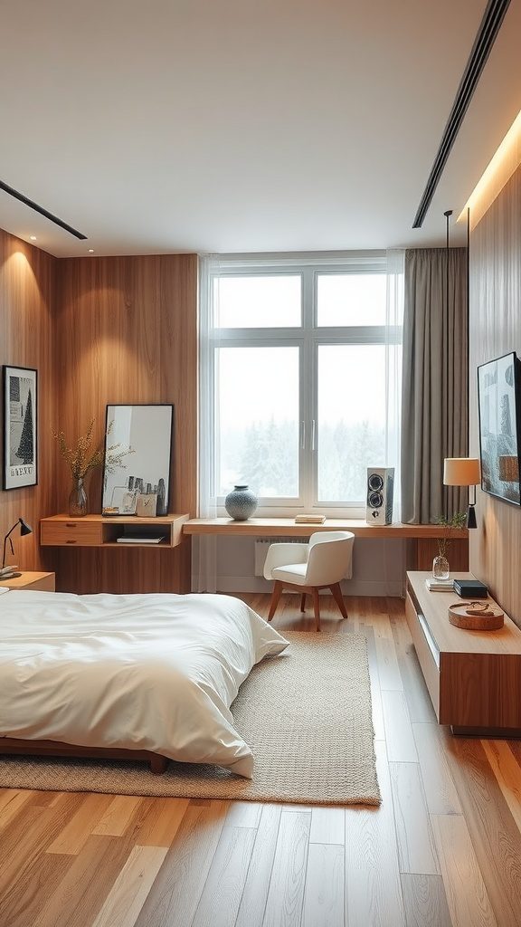 A modern Scandinavian bedroom featuring wood accents, a cozy bed, and a stylish workspace.