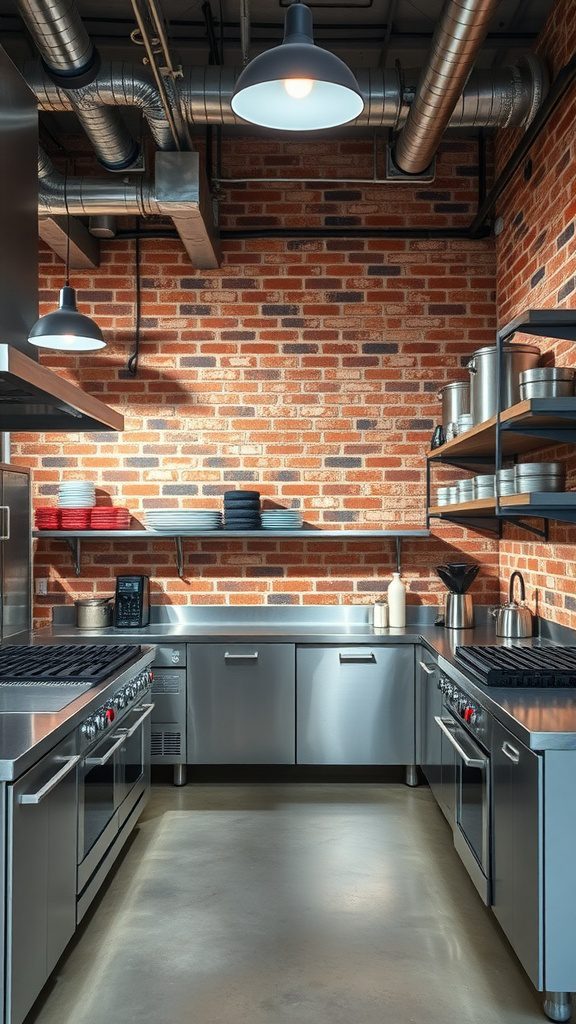 A sleek industrial kitchen featuring stainless steel appliances, exposed brick walls, and open shelving.