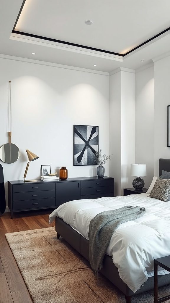 A minimalist bedroom featuring sleek lines and shapes with a comfortable bed, modern furniture, and simple decor.