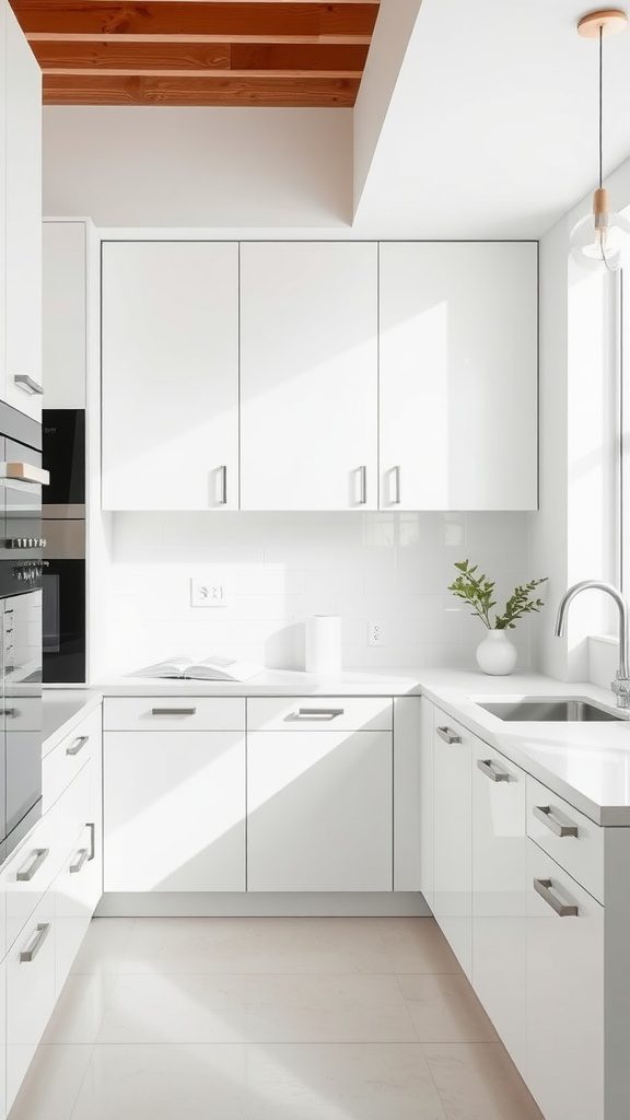 Modern kitchen with sleek white minimalist cabinetry and a bright, airy feel.