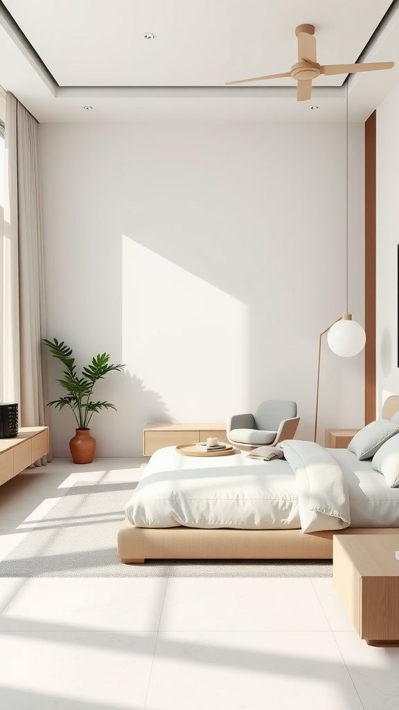 A minimalist modern bedroom featuring neutral tones, sleek furniture, and a touch of greenery.