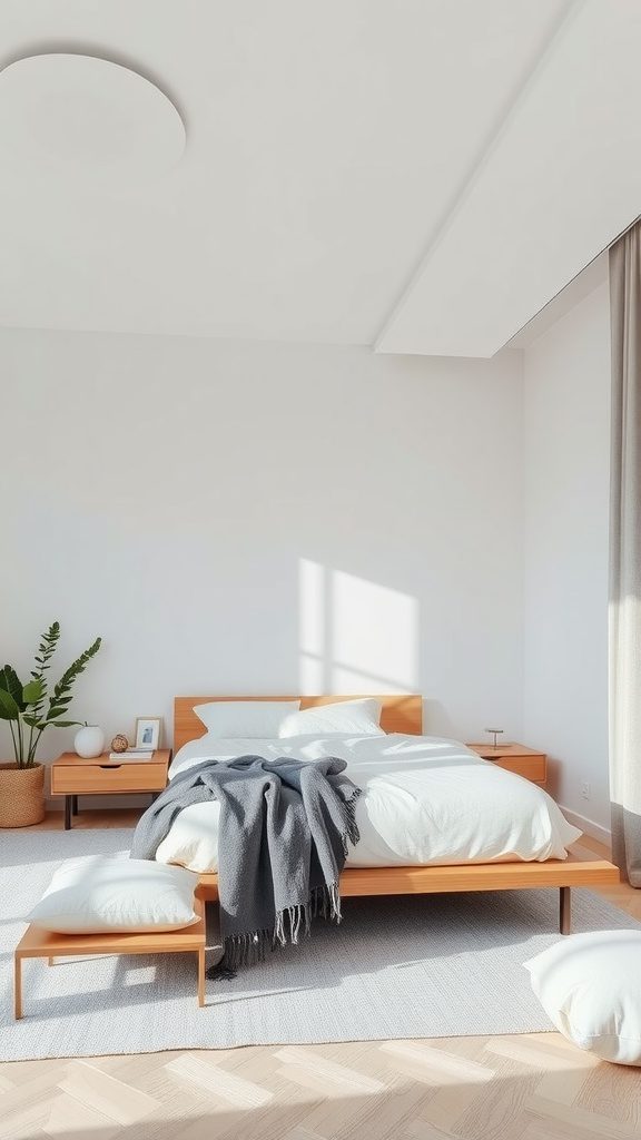 A minimalist bedroom with a wooden bed, white bedding, and a cozy throw, complemented by a plant and natural light.