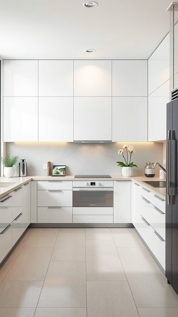 A modern minimalist kitchen with white cabinets, a neutral-colored countertop, and minimal decor.