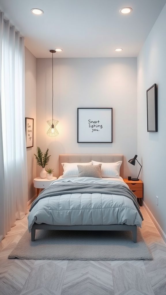 A small bedroom with a bed, side table, and smart lighting features