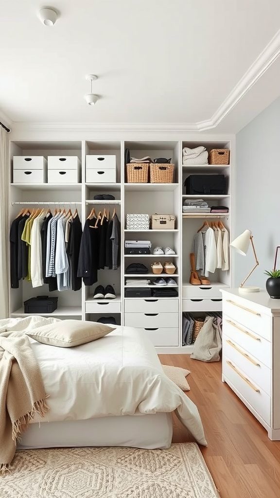 A Scandinavian-inspired bedroom with smart storage solutions, featuring a spacious wardrobe and organized clothing.