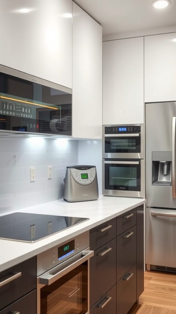 Modern kitchen with sleek appliances and smart technology features.