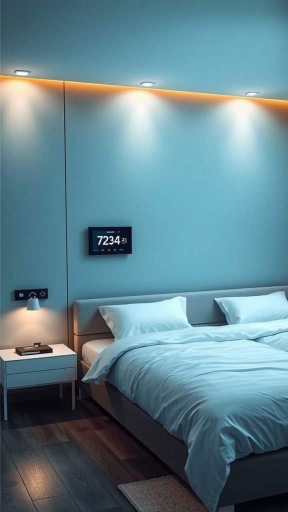 A modern bedroom featuring smart technology integration with a sleek design and ambient lighting.