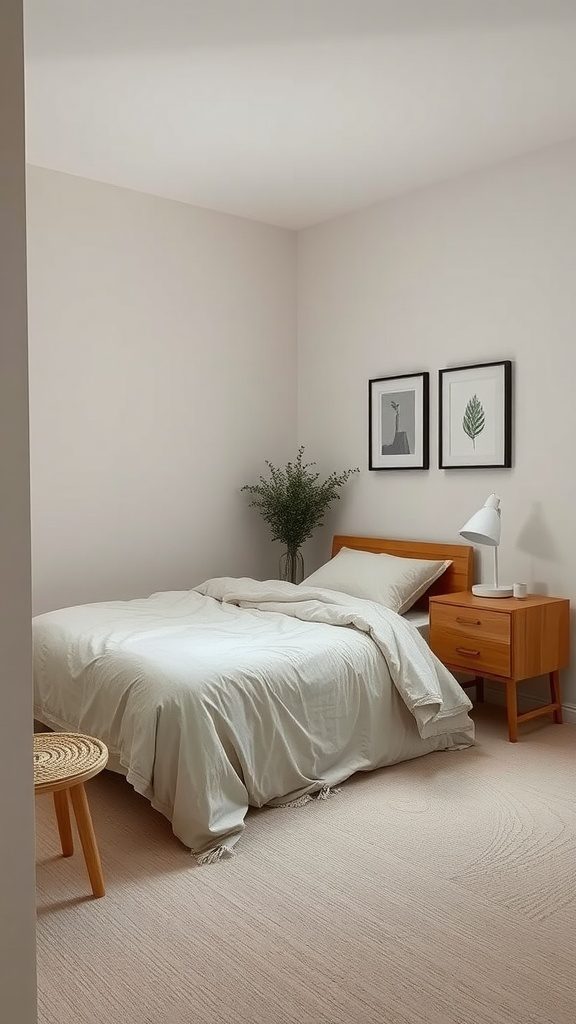 A small bedroom featuring a soft color palette with a bed, nightstand, and decorative plants.