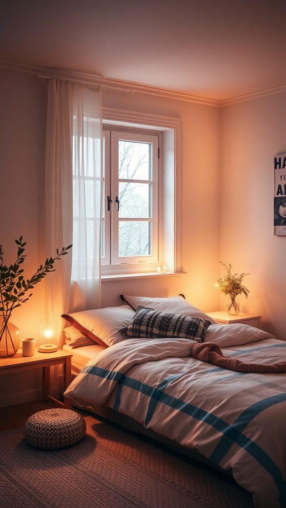 A cozy Scandinavian bedroom with soft lighting and warm colors.