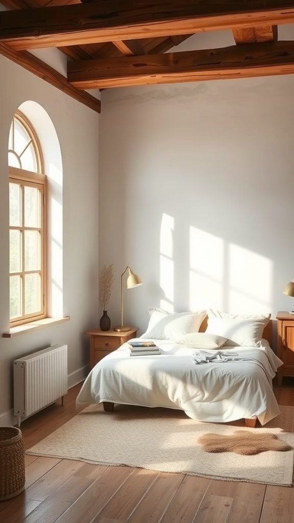 A cozy rustic bedroom with soft neutral palettes, featuring natural wood beams and warm sunlight.