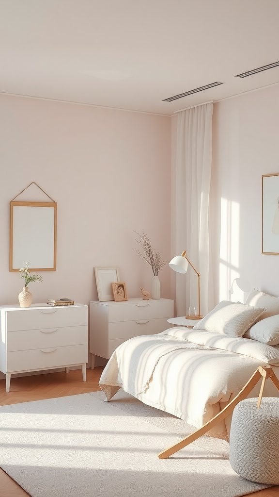 Minimalist bedroom with soft pastel colors and simple decor
