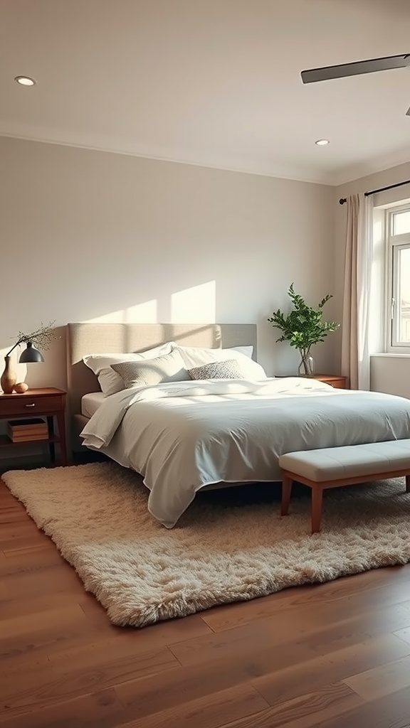 A cozy master bedroom featuring a soft, plush rug under a bed with light-colored bedding.