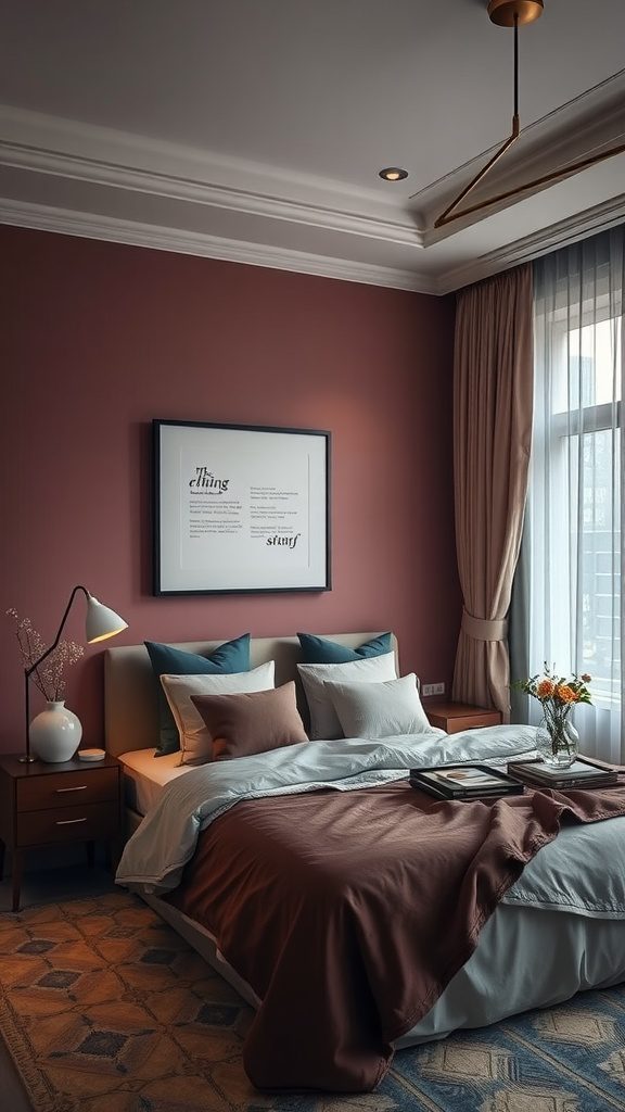 Luxurious bedroom interior featuring a sophisticated color palette with muted tones and warm shades.