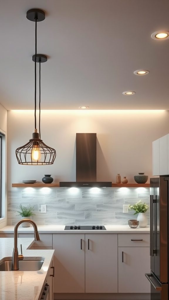 A modern kitchen showcasing elegant lighting with a mix of pendant and recessed lights.