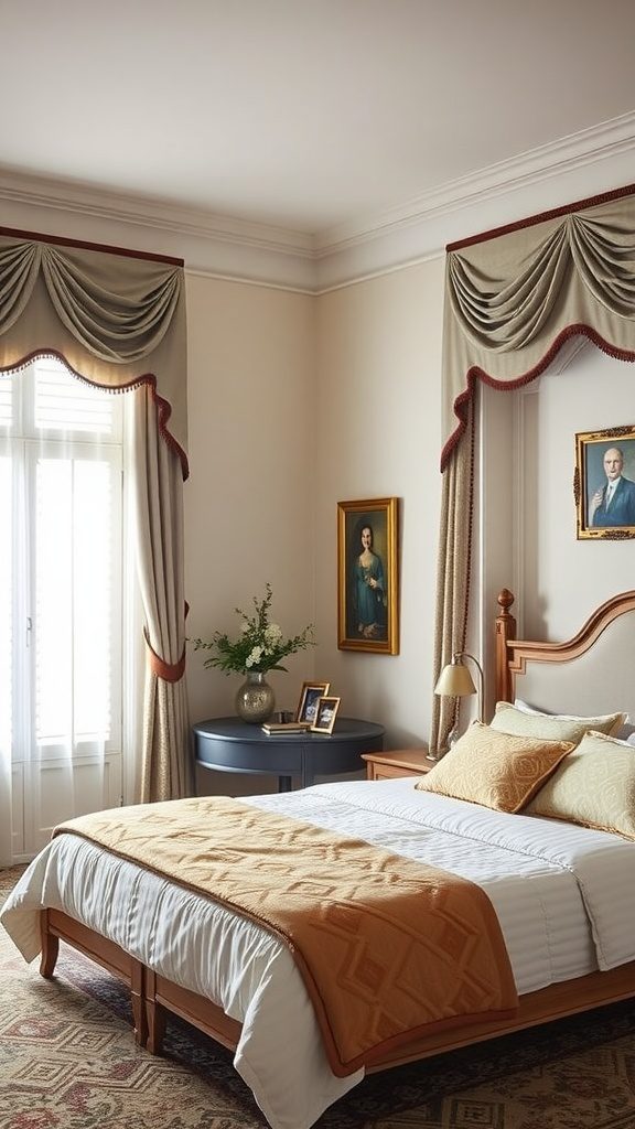 A luxurious bedroom with sophisticated window treatments and elegant decor.